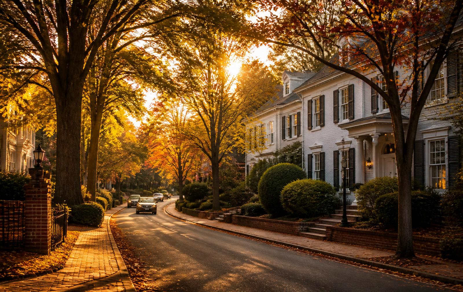 Tree-lined neighborhood at golden hour